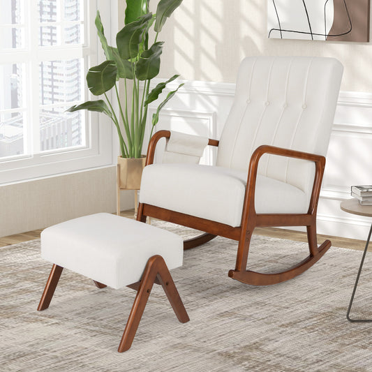 Rocking Chair with Ottoman and Solid Rubber Wood Frame and Padded Cushion, Beige Accent Chairs Beige at Gallery Canada