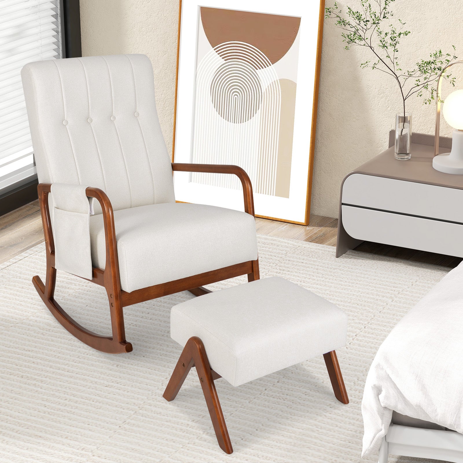 Rocking Chair with Ottoman and Solid Rubber Wood Frame and Padded Cushion, Beige Accent Chairs at Gallery Canada