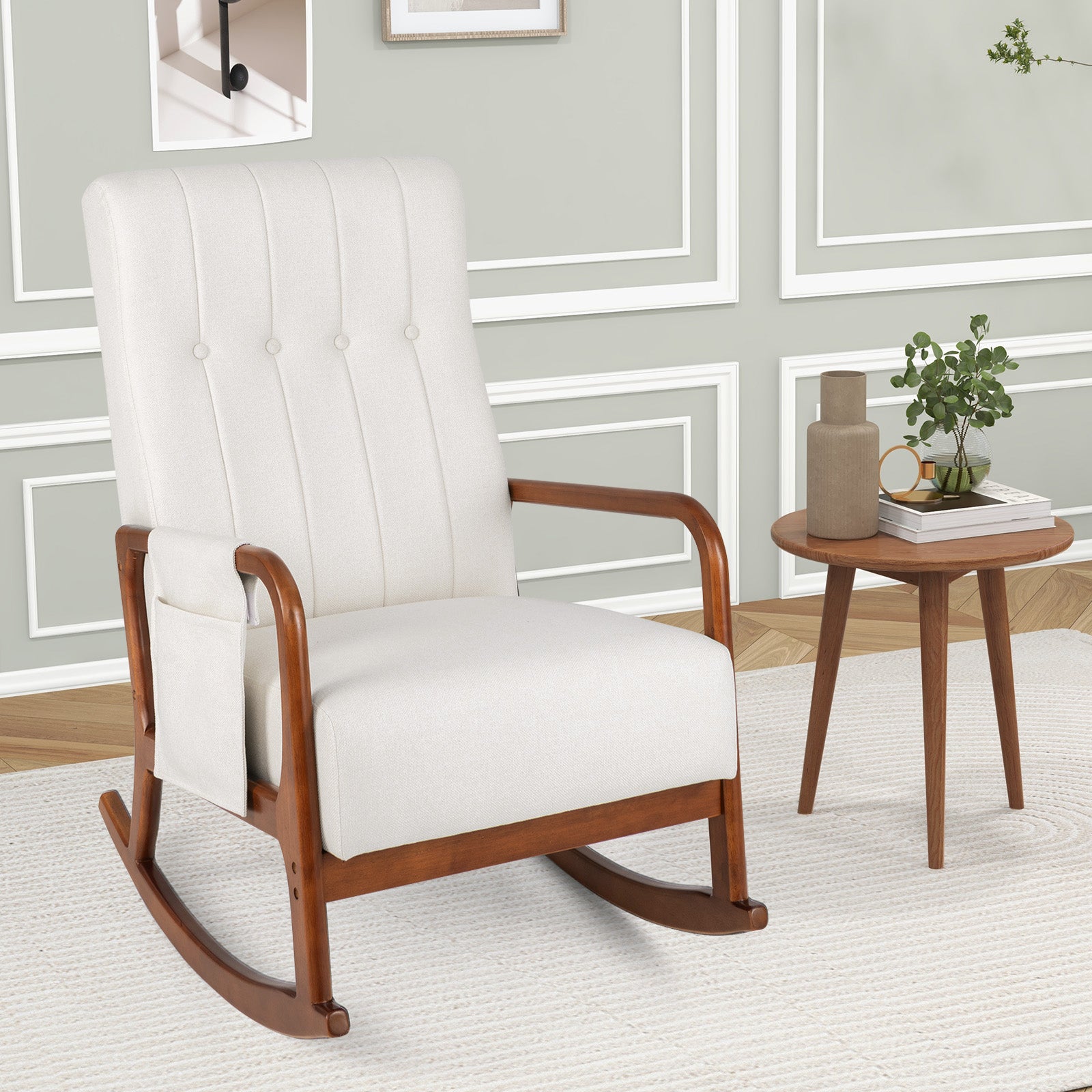 Rocking Chair with Ottoman and Solid Rubber Wood Frame and Padded Cushion, Beige Accent Chairs at Gallery Canada