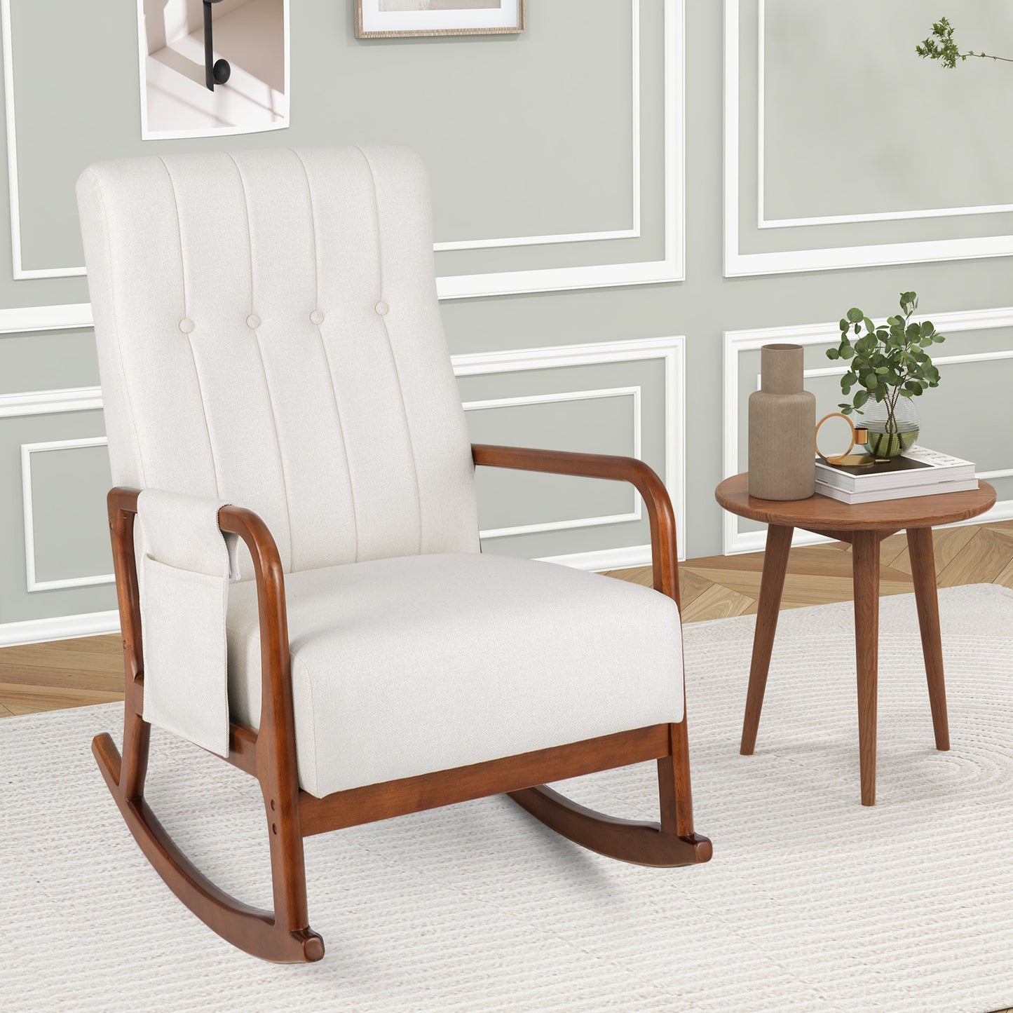 Rocking Chair with Ottoman and Solid Rubber Wood Frame and Padded Cushion, Beige Accent Chairs at Gallery Canada