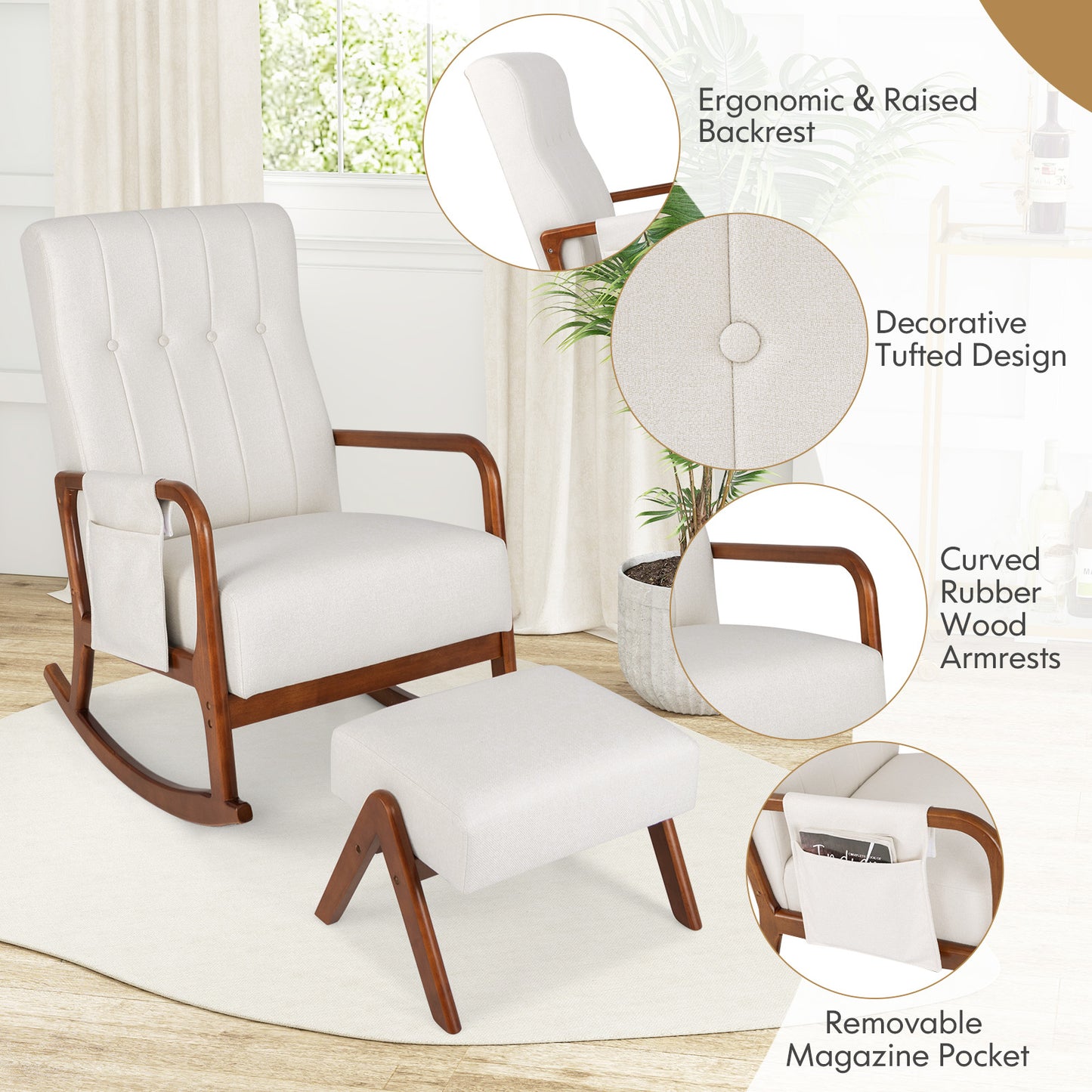 Rocking Chair with Ottoman and Solid Rubber Wood Frame and Padded Cushion, Beige Accent Chairs at Gallery Canada