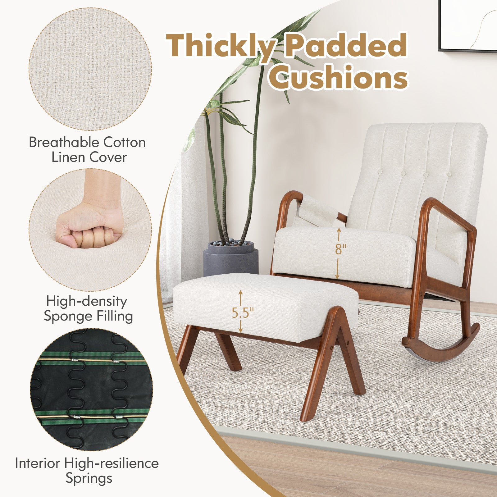 Rocking Chair with Ottoman and Solid Rubber Wood Frame and Padded Cushion, Beige Accent Chairs at Gallery Canada