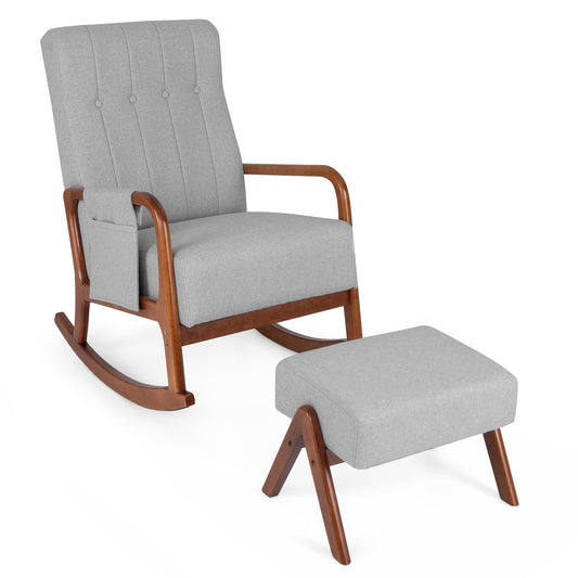 Rocking Chair With Ottoman, Solid Rubber Wood Frame, Padded Cushion, Gray Accent Chairs Gray at Gallery Canada