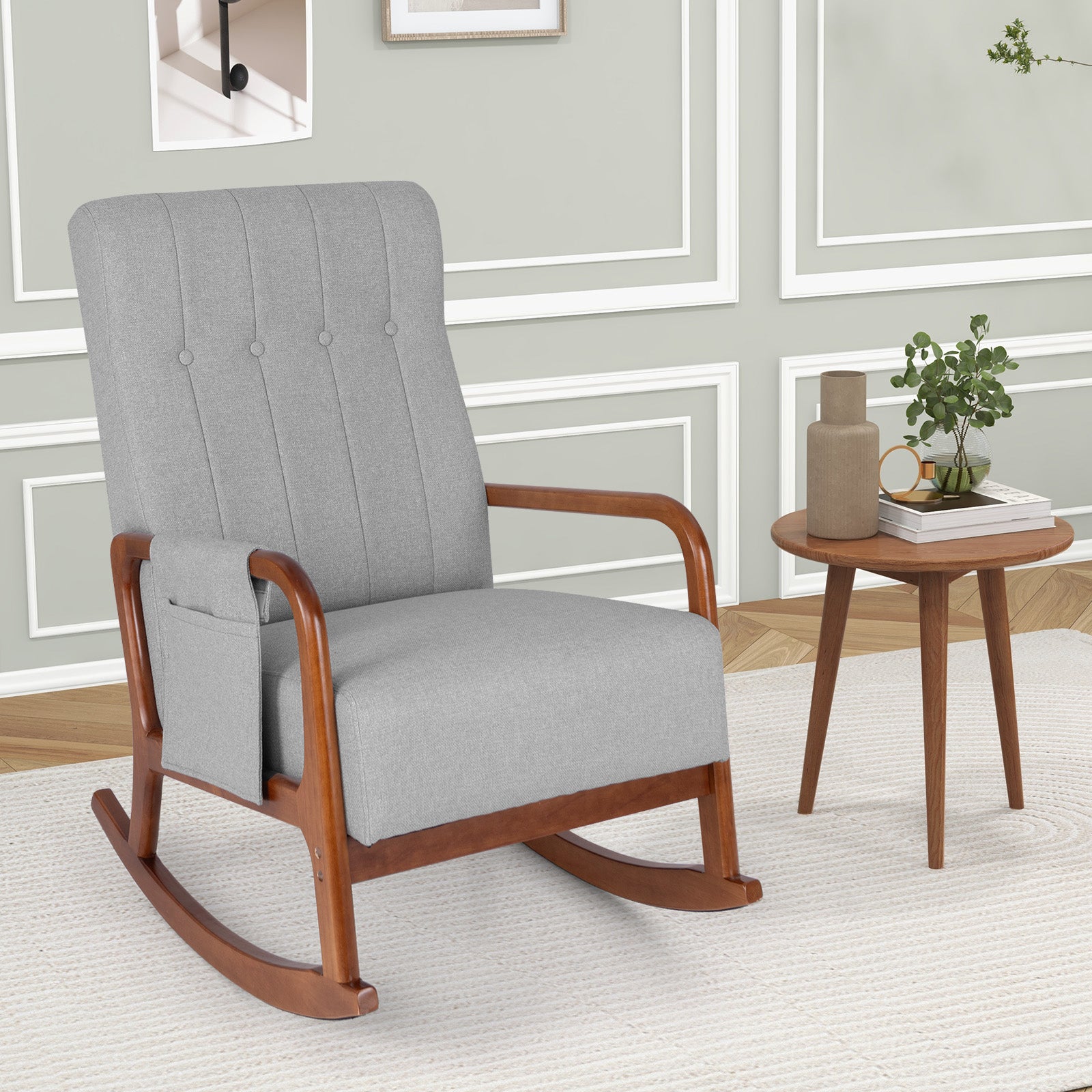 Rocking Chair with Ottoman and Solid Rubber Wood Frame and Padded Cushion, Gray Accent Chairs at Gallery Canada