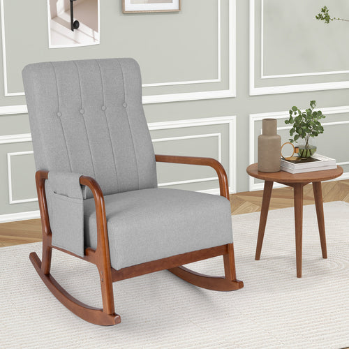 Rocking Chair with Ottoman and Solid Rubber Wood Frame and Padded Cushion, Gray