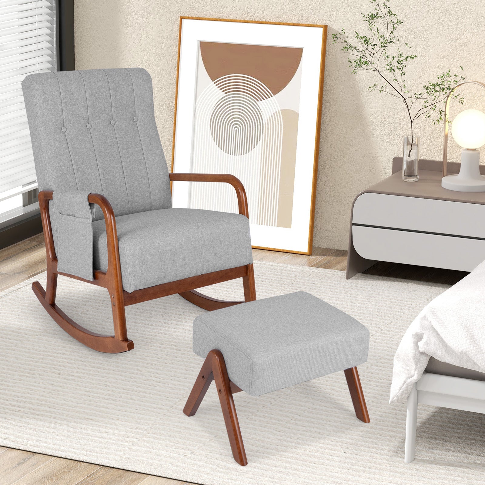 Rocking Chair with Ottoman and Solid Rubber Wood Frame and Padded Cushion, Gray Accent Chairs at Gallery Canada