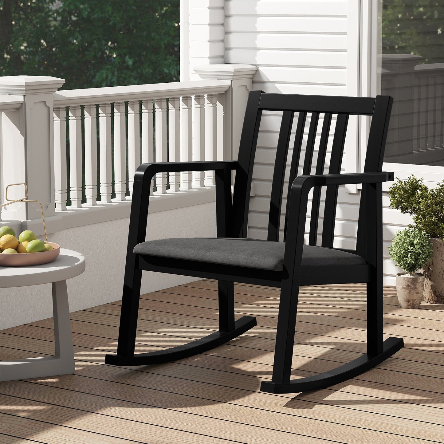 Rocking Chair with Slatted Back and Curved Armrests, Black
