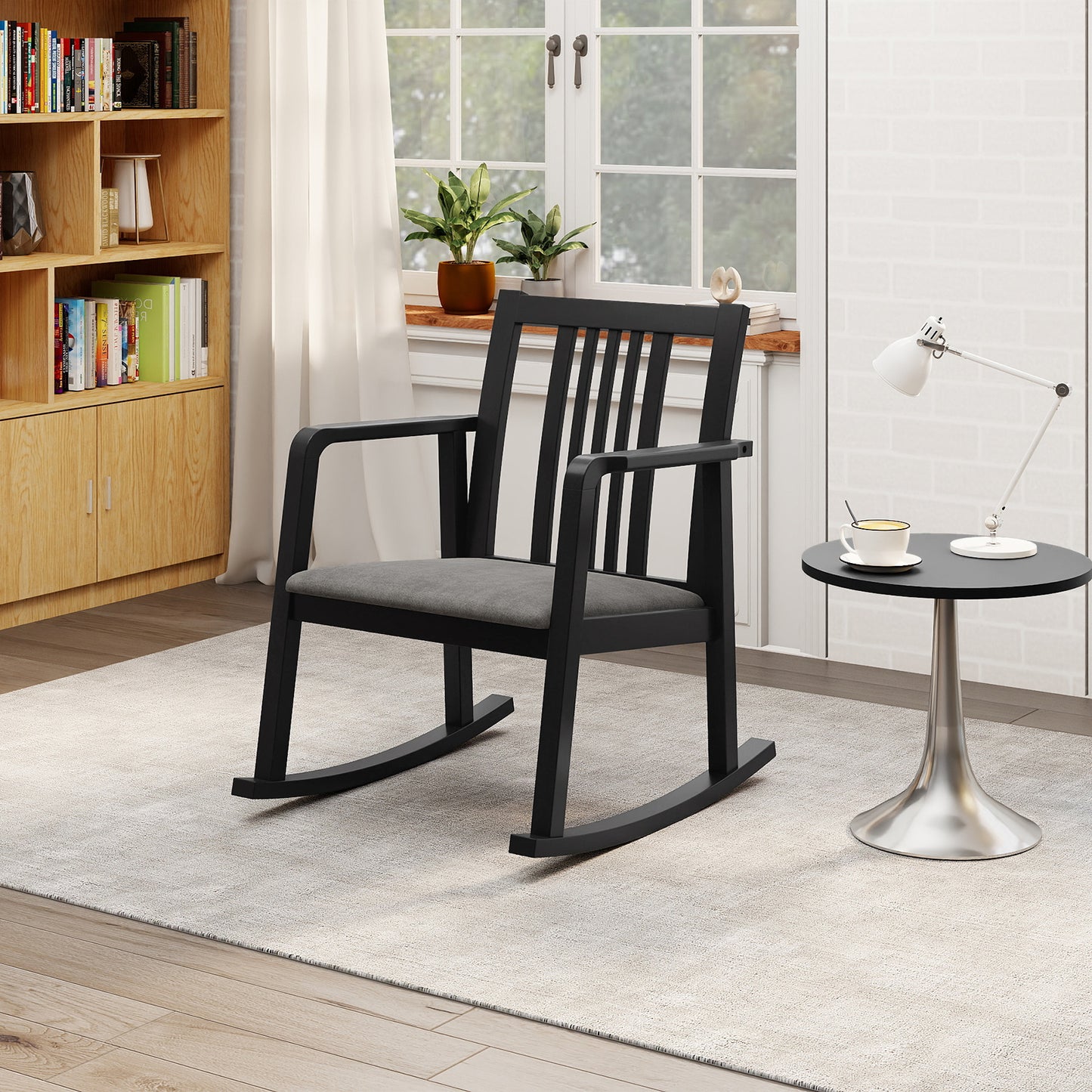 Rocking Chair with Slatted Back and Curved Armrests, Black