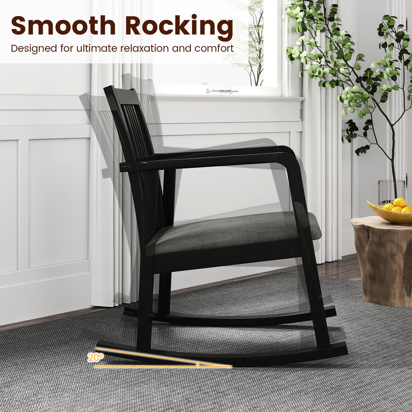 Rocking Chair with Slatted Back and Curved Armrests, Black