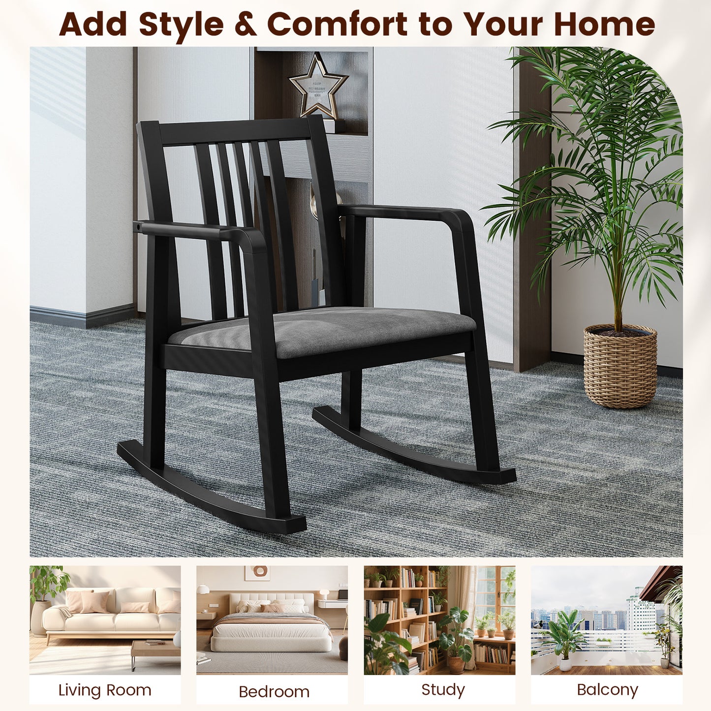 Rocking Chair with Slatted Back and Curved Armrests, Black