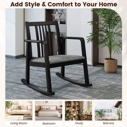 Rocking Chair with Slatted Back and Curved Armrests, Black