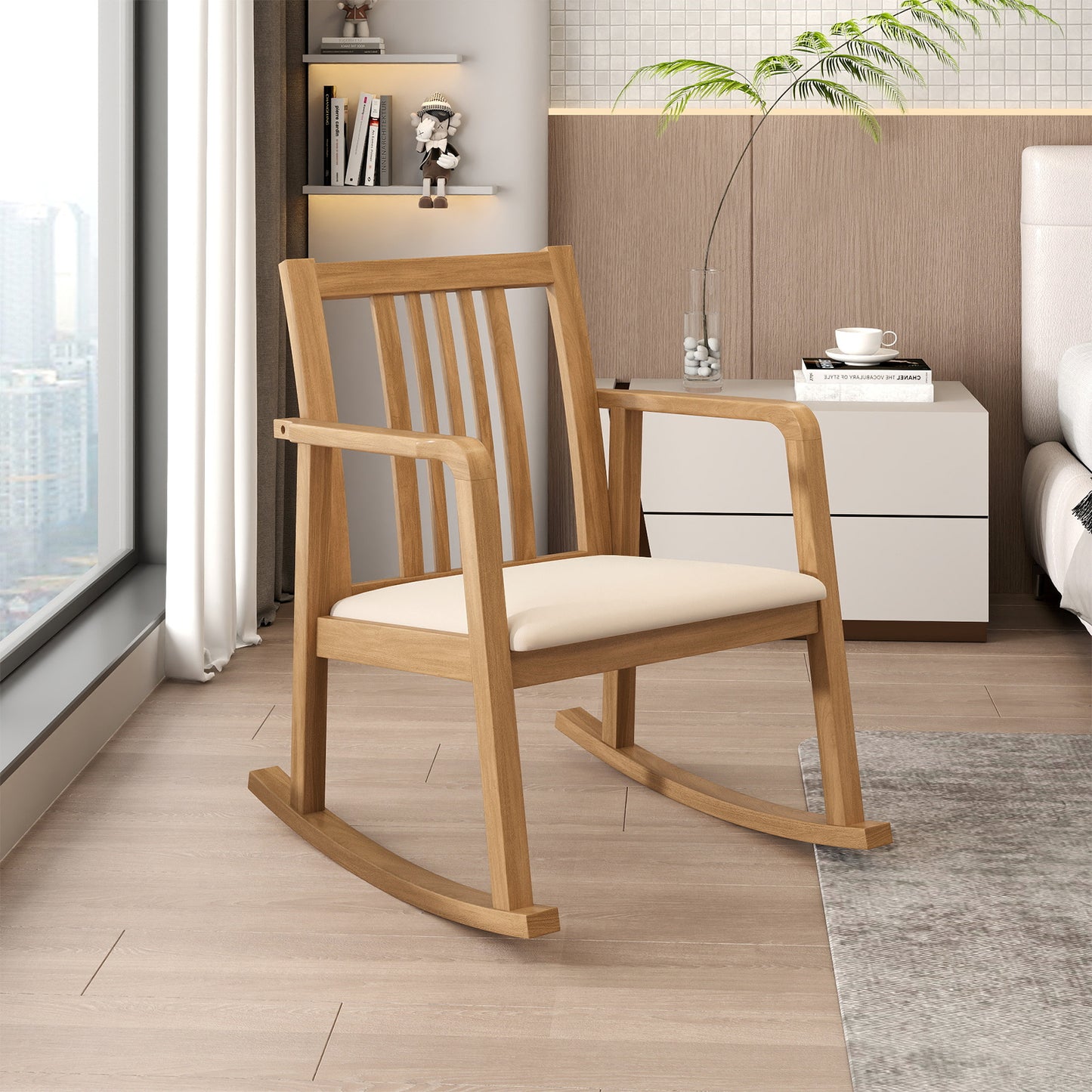 Rocking Chair with Slatted Back and Curved Armrests, Natural