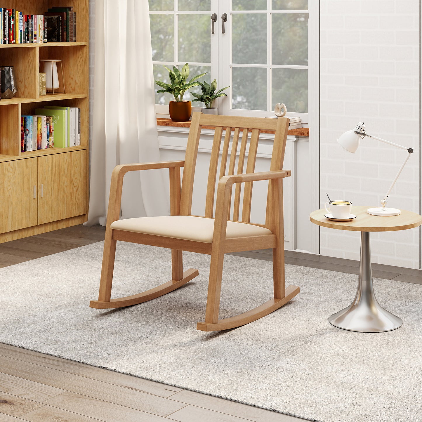 Rocking Chair with Slatted Back and Curved Armrests, Natural