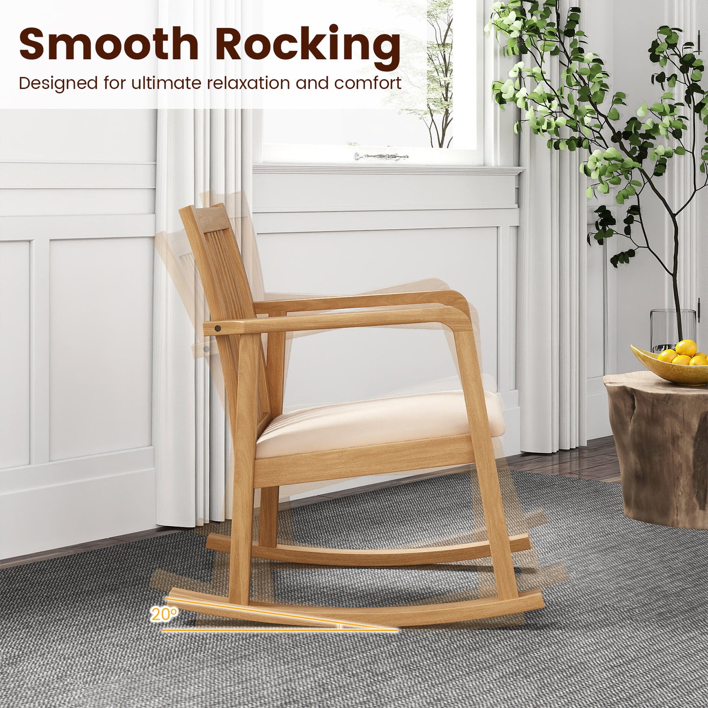 Rocking Chair with Slatted Back and Curved Armrests, Natural