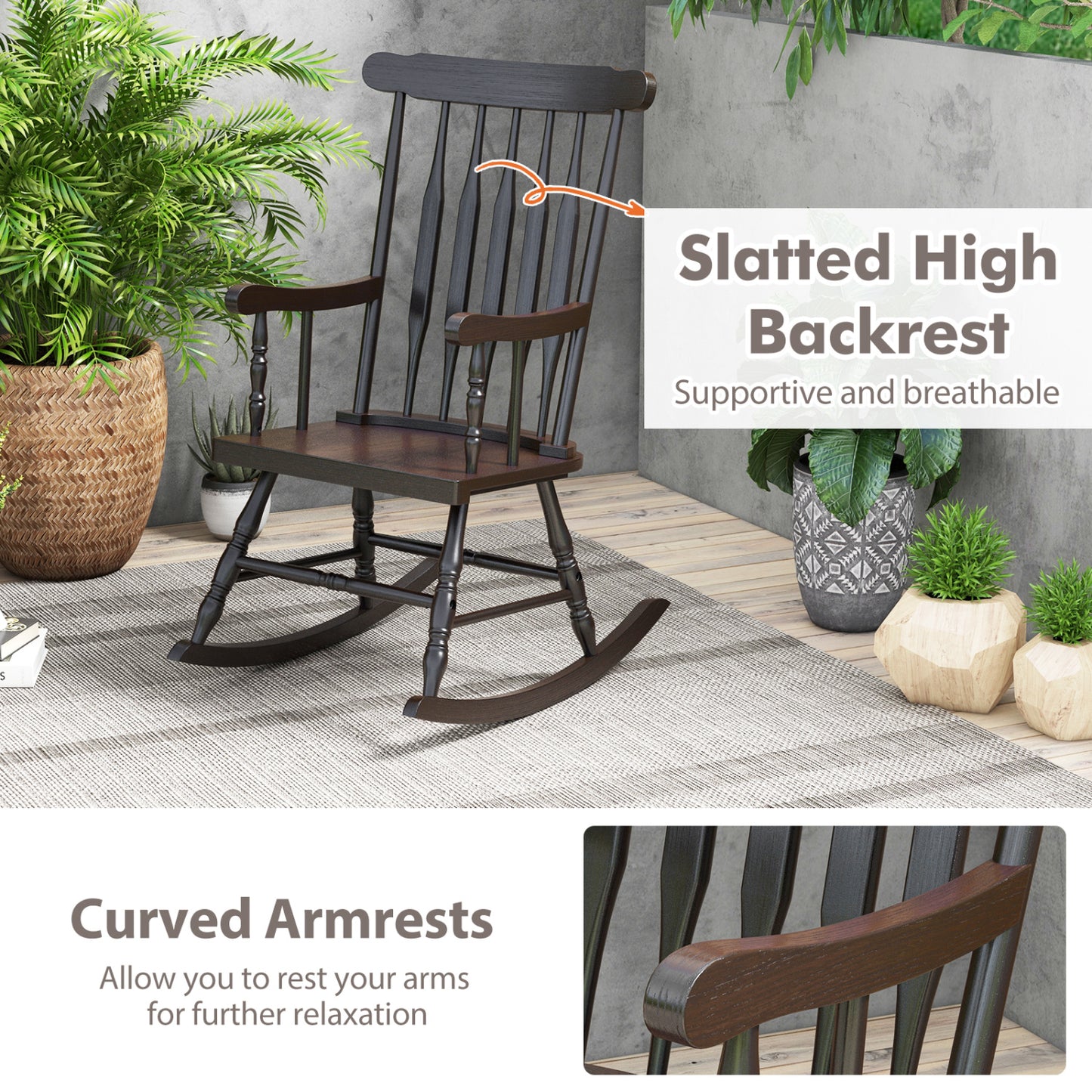 Solid Wood Porch Rocking Chair, Glossy Finish, Brown Patio Rocking Chairs & Gliders at Gallery Canada