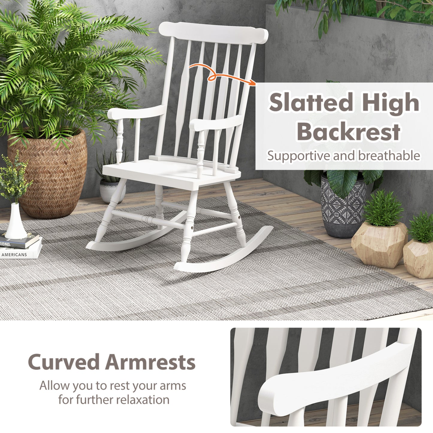 Solid Wood Porch Rocking Chair, Glossy Finish, White Patio Rocking Chairs & Gliders at Gallery Canada