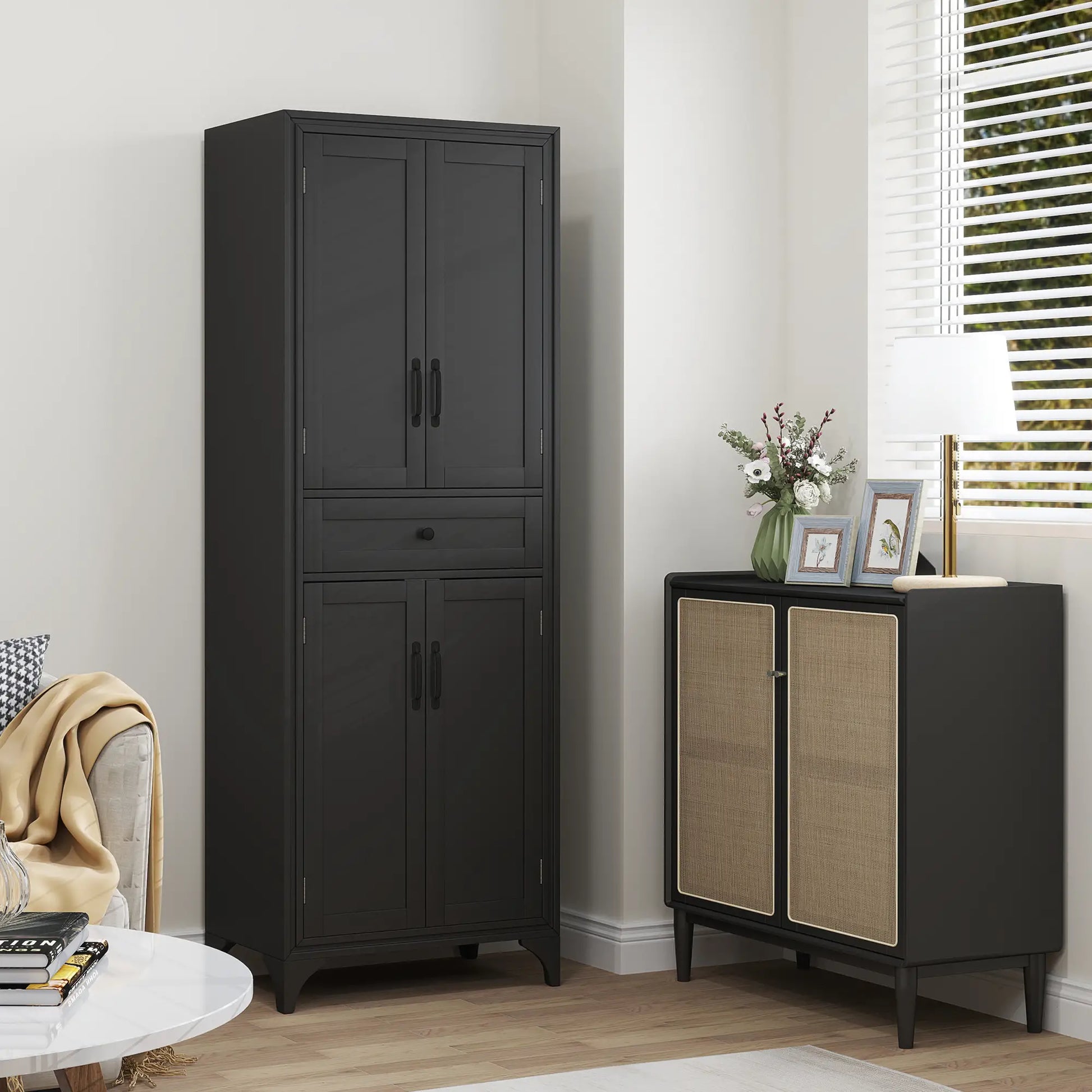 Freestanding Storage Cabinet, Kitchen Pantry, 2 Shelves, 4 Doors, Black Kitchen Pantry Cabinets at Gallery Canada