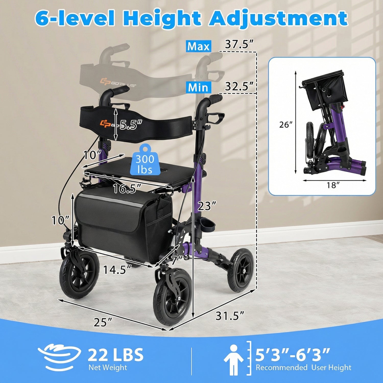 Rollator Walker for Seniors Folding Rolling Walker with Seat, Purple Walkers & Rollators at Gallery Canada