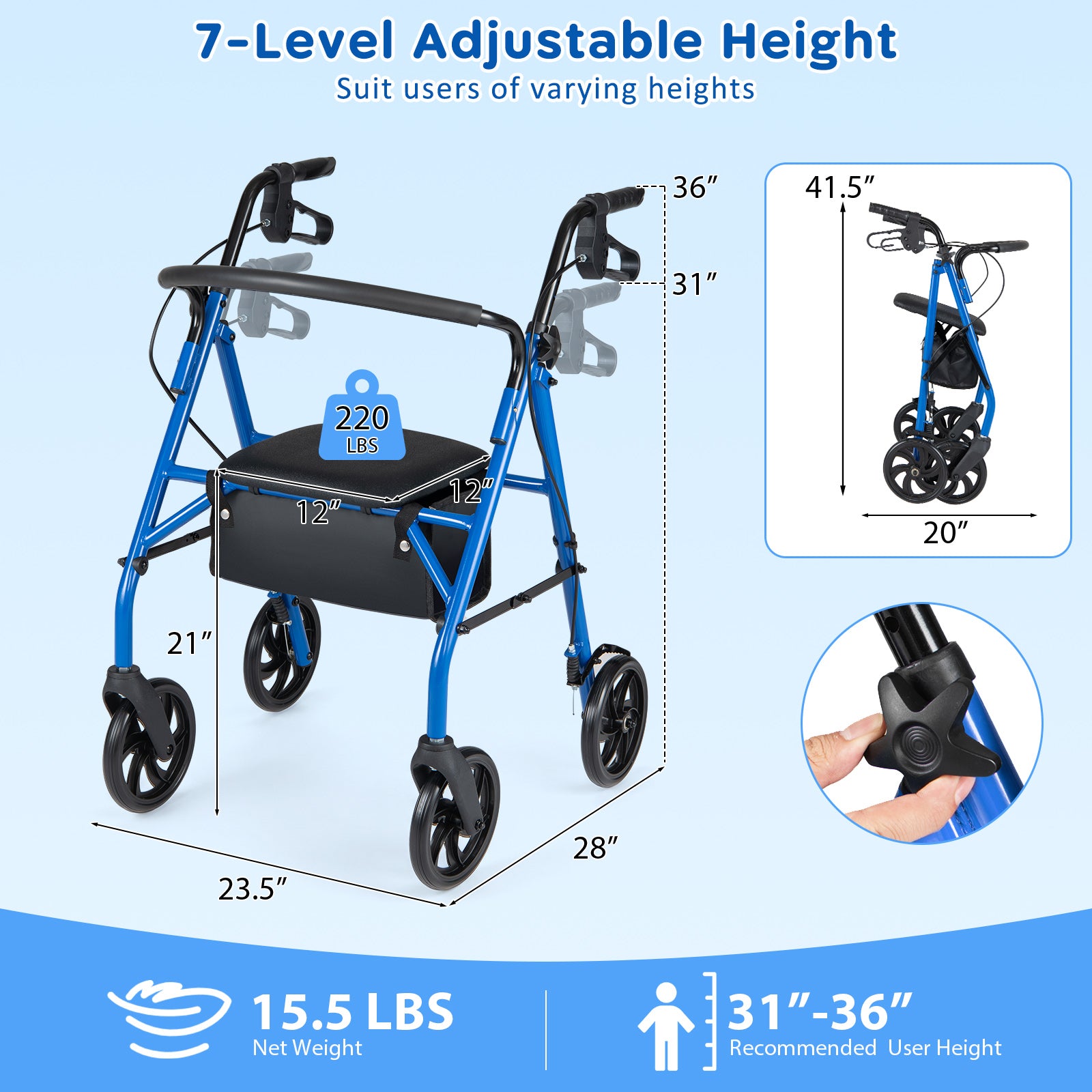 Rollator Walker With Seat, Height Adjustable Handles, Blue Walkers & Rollators at Gallery Canada