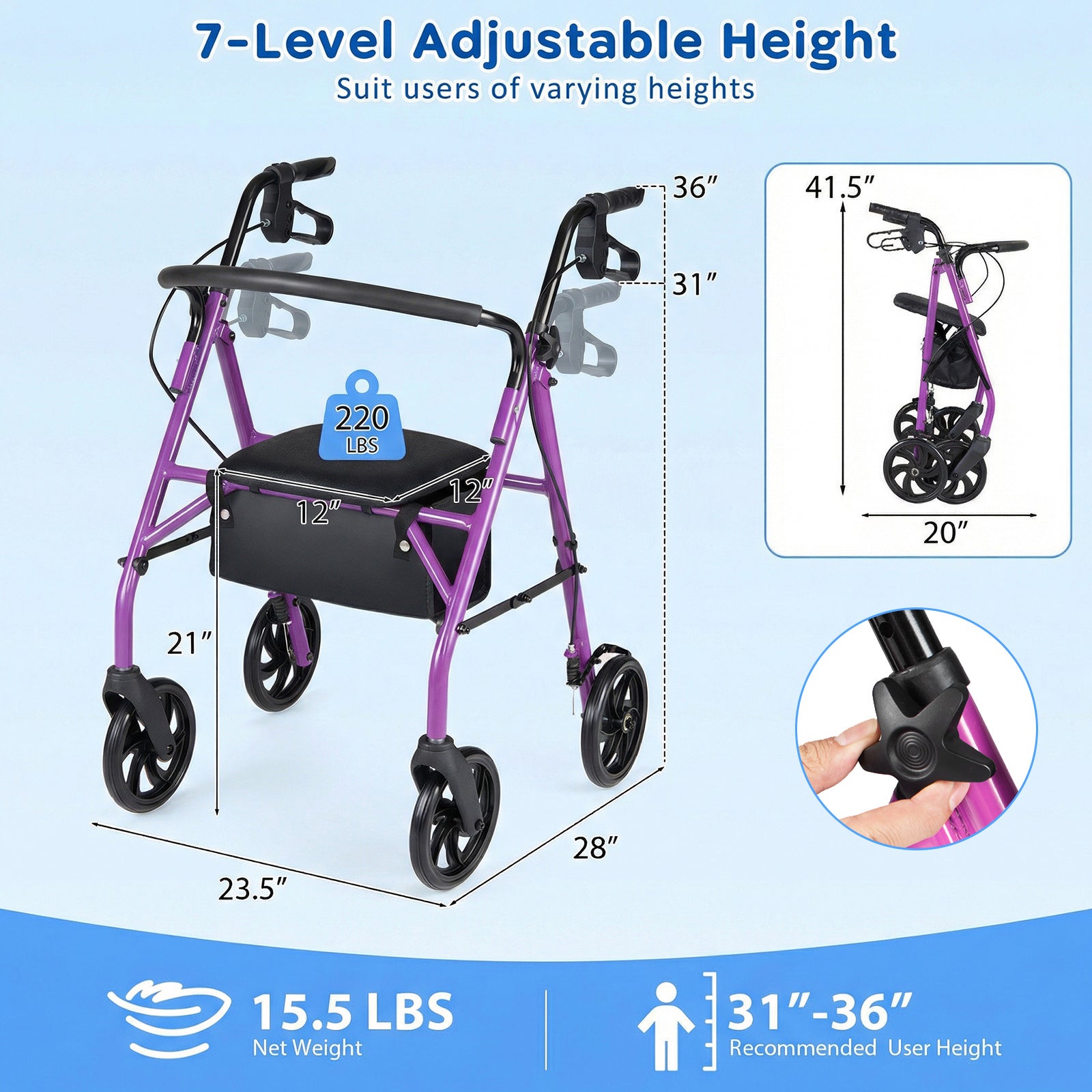 Adjustable Rollator Walker With Seat, Purple Walkers & Rollators at Gallery Canada