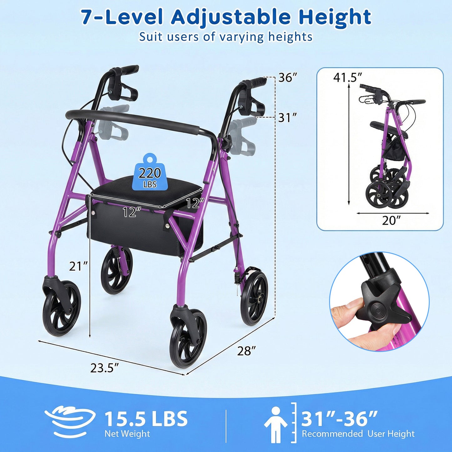 Adjustable Rollator Walker With Seat, Purple Walkers & Rollators at Gallery Canada