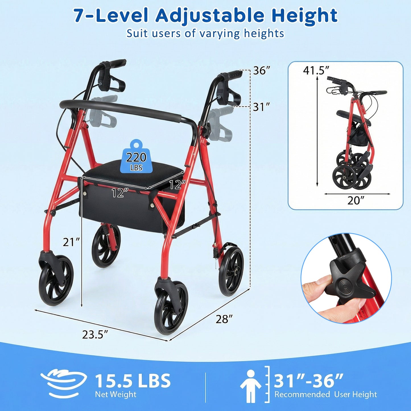 Rollator Walker With Seat, Height Adjustable Handles, Red Walkers & Rollators at Gallery Canada