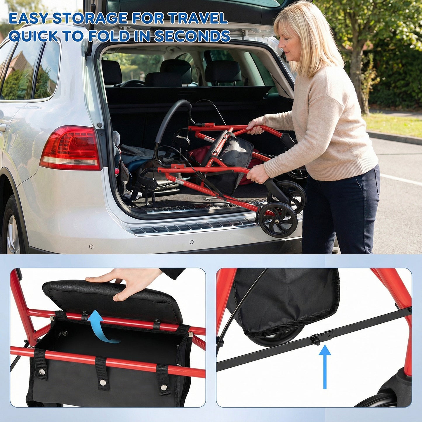 Rollator Walker With Seat, Height Adjustable Handles, Red Walkers & Rollators at Gallery Canada