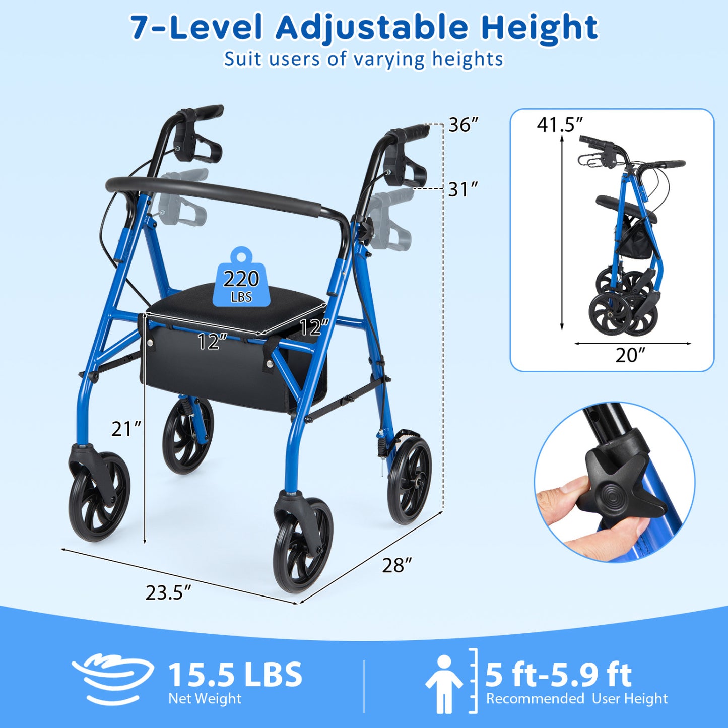 Rollator Walker With Seat, Height Adjustable Handles, Blue Walkers & Rollators at Gallery Canada