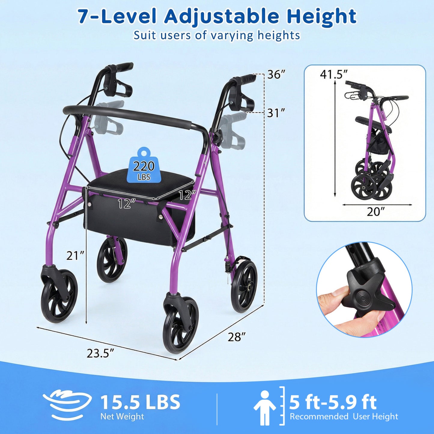 Adjustable Rollator Walker With Seat, Purple Walkers & Rollators at Gallery Canada