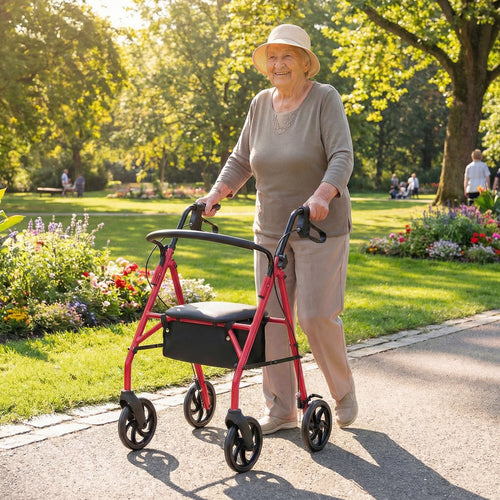 Rollator Walker With Seat, Height Adjustable Handles, Red