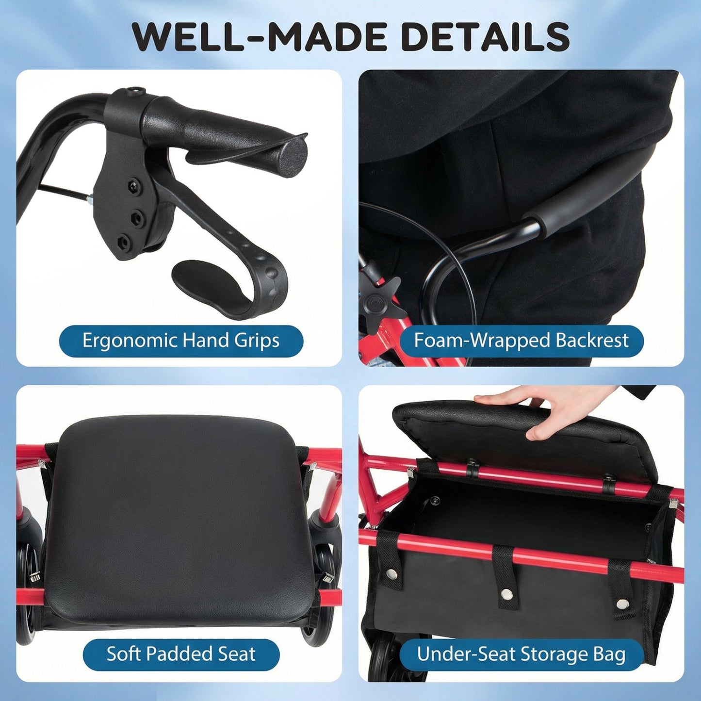 Rollator Walker With Seat, Height Adjustable Handles, Red Walkers & Rollators at Gallery Canada