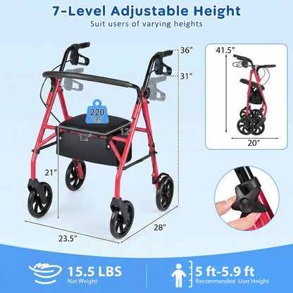 Rollator Walker With Seat, Height Adjustable Handles, Red Walkers & Rollators at Gallery Canada