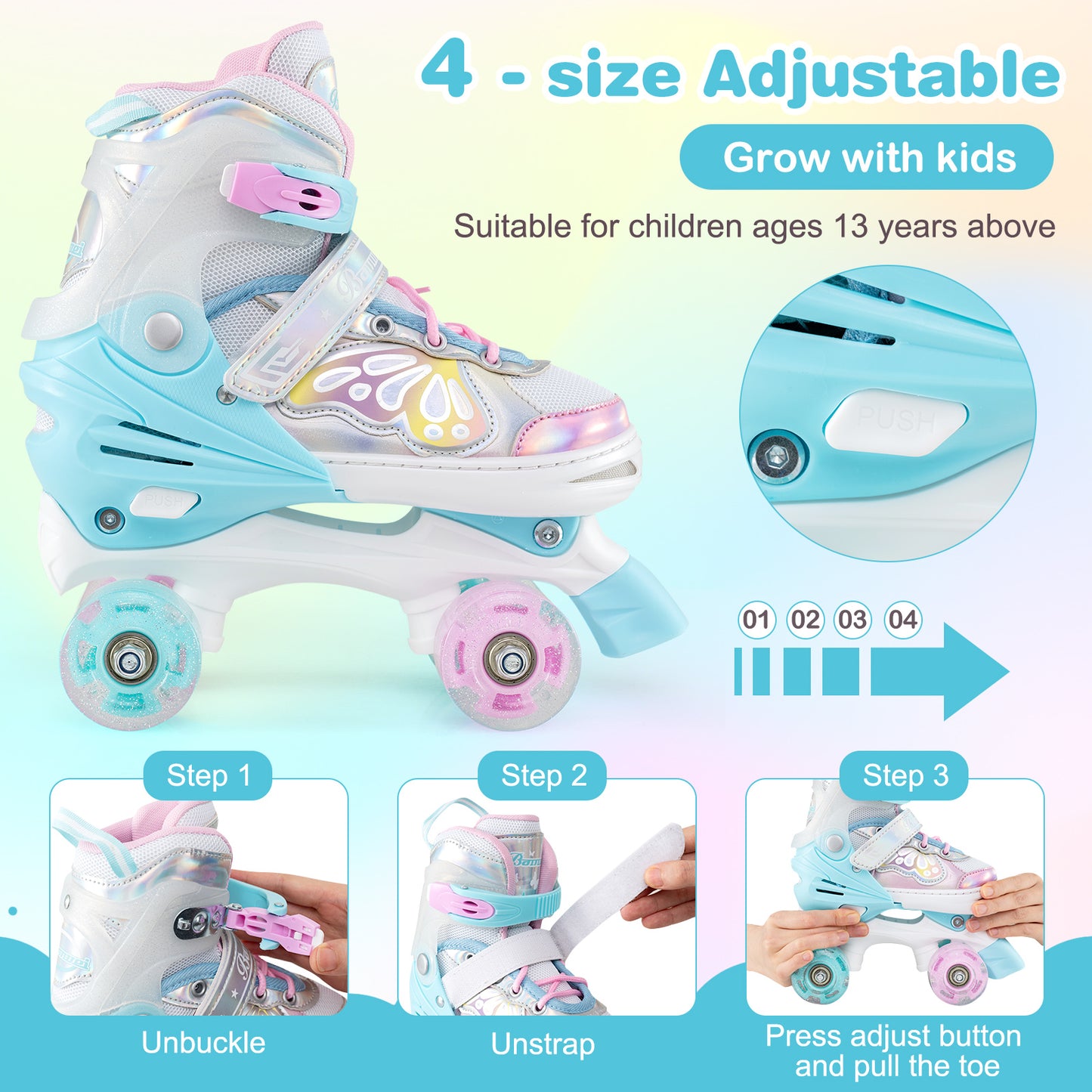 Roller Skates for Teens 4 Sizes Adjustable with Light-up Wheels for Boys Girls Ages 13+, Blue Toy Sports at Gallery Canada