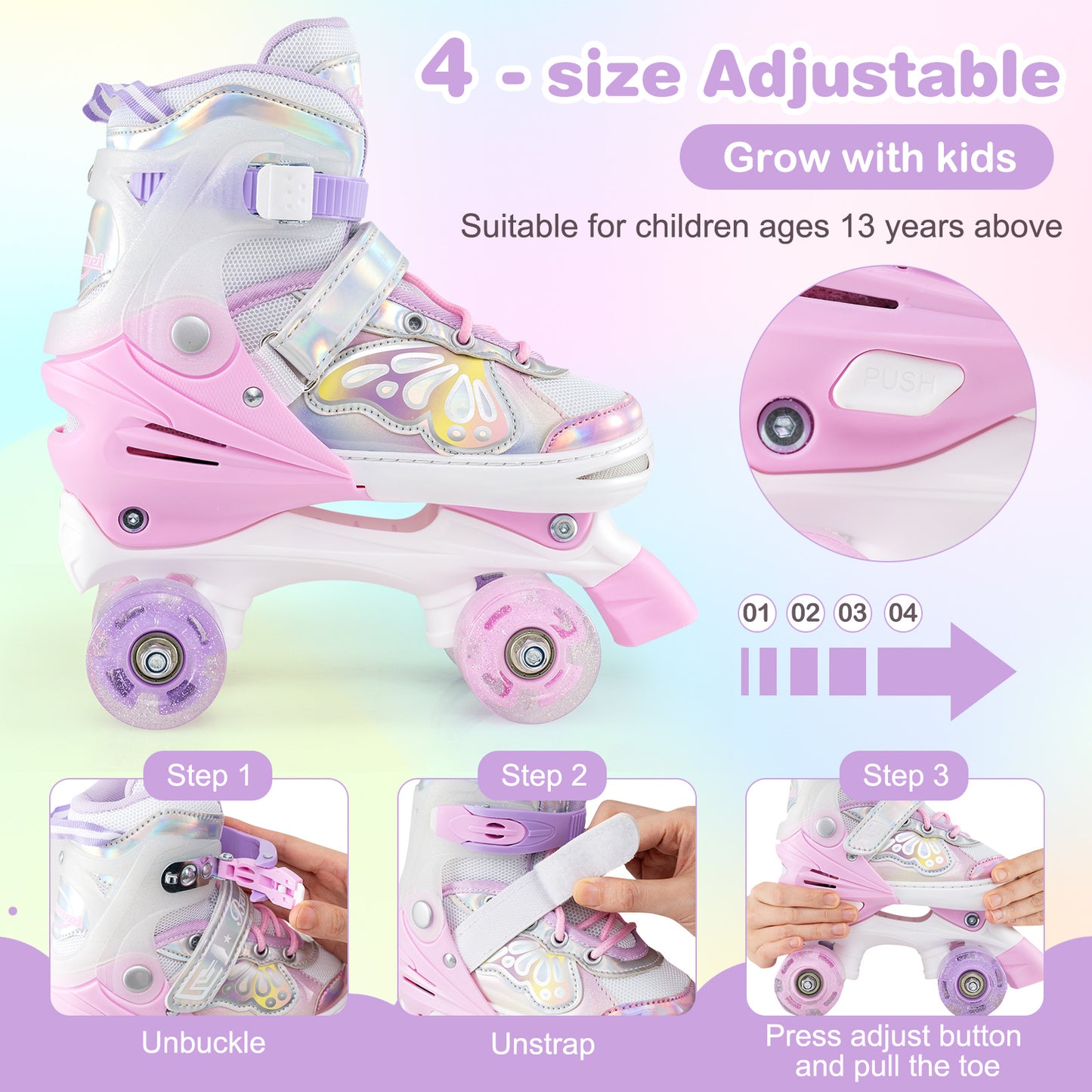 Roller Skates for Teens 4 Sizes Adjustable with Light-up Wheels for Boys Girls Ages 13+, Light Pink Toy Sports at Gallery Canada