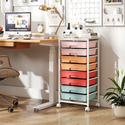 Rolling Cart, 8 Drawers, Wooden Tabletop, Lockable Wheels, Macaron