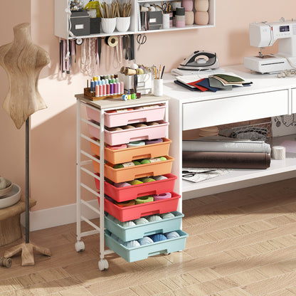 Rolling Cart, 8 Drawers, Wooden Tabletop, Lockable Wheels, Macaron
