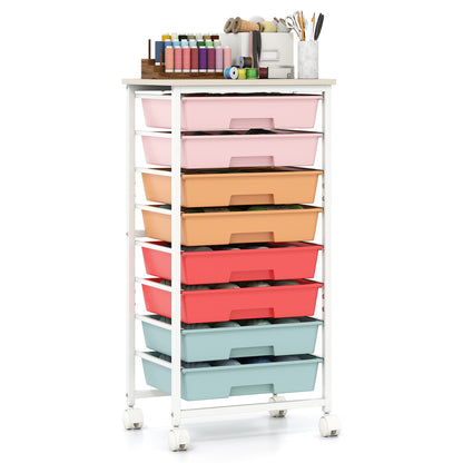 Rolling Cart, 8 Drawers, Wooden Tabletop, Lockable Wheels, Macaron