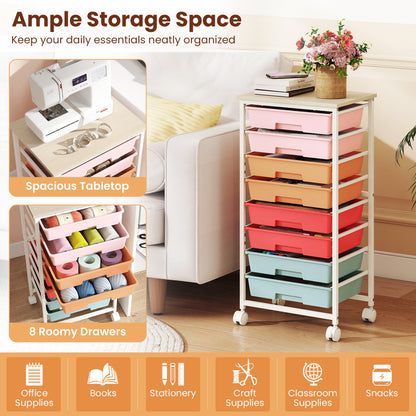 Rolling Cart, 8 Drawers, Wooden Tabletop, Lockable Wheels, Macaron