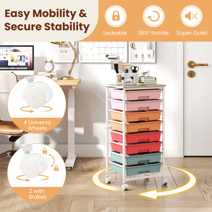 Rolling Cart, 8 Drawers, Wooden Tabletop, Lockable Wheels, Macaron
