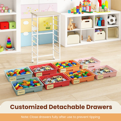 Rolling Cart, 8 Drawers, Wooden Tabletop, Lockable Wheels, Macaron