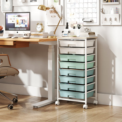 8 Drawer Rolling Cart, Wooden Top, Lockable Wheels, Green Gradient