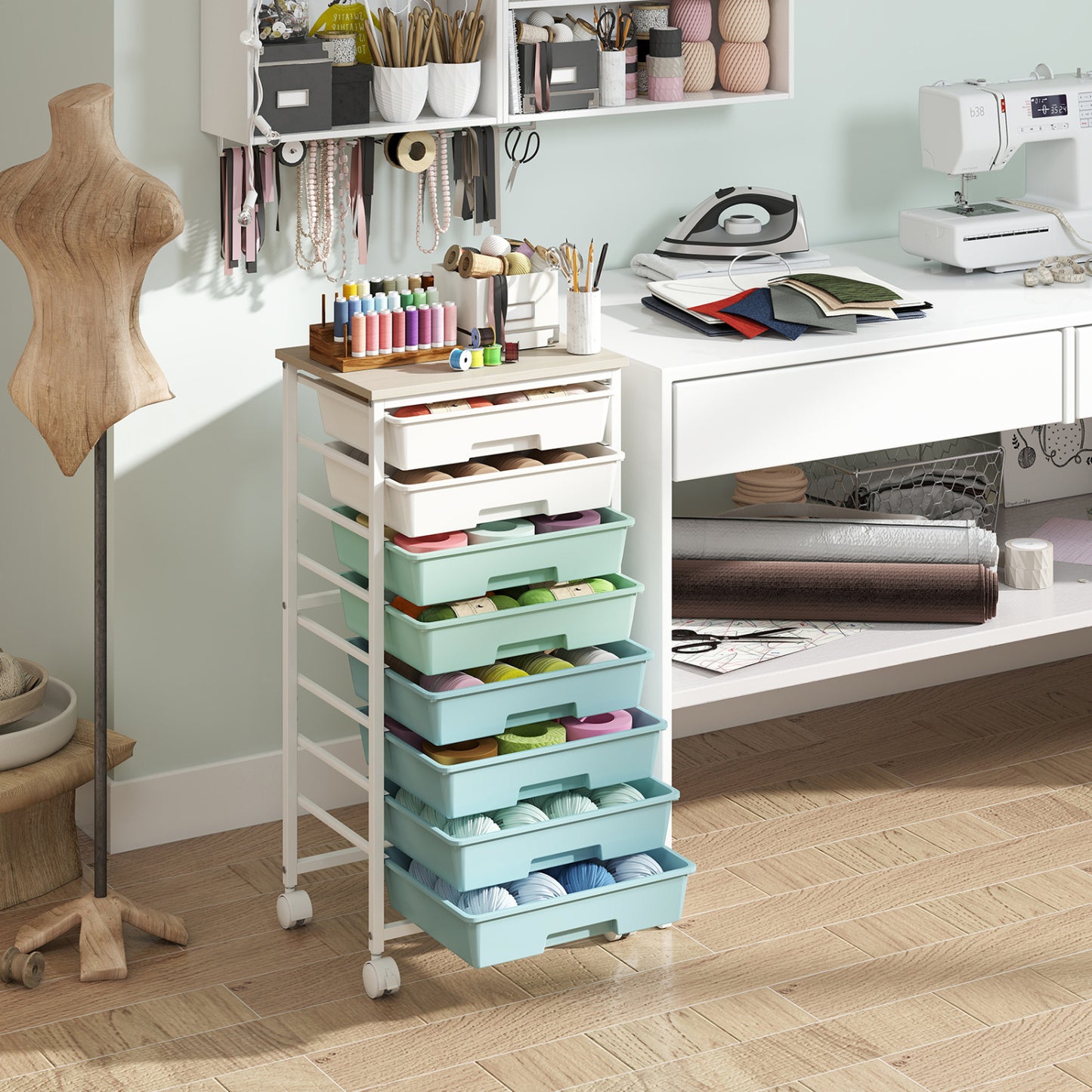 8 Drawer Rolling Cart, Wooden Top, Lockable Wheels, Green Gradient