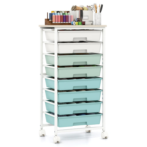 8 Drawer Rolling Cart, Wooden Top, Lockable Wheels, Green Gradient
