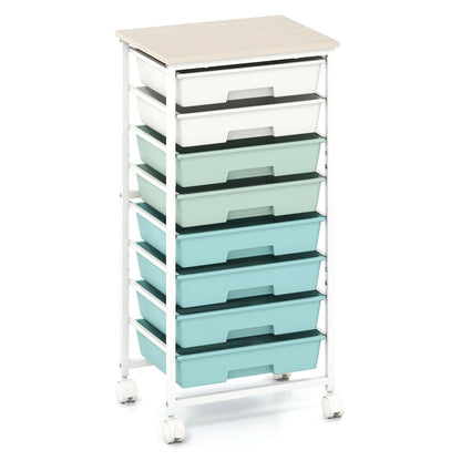 8 Drawer Rolling Cart, Wooden Top, Lockable Wheels, Green Gradient