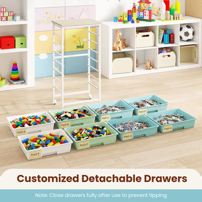 8 Drawer Rolling Cart, Wooden Top, Lockable Wheels, Green Gradient