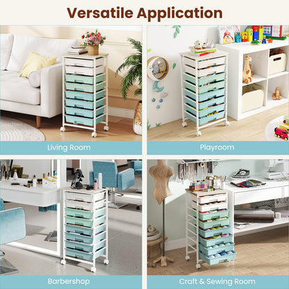 8 Drawer Rolling Cart, Wooden Top, Lockable Wheels, Green Gradient