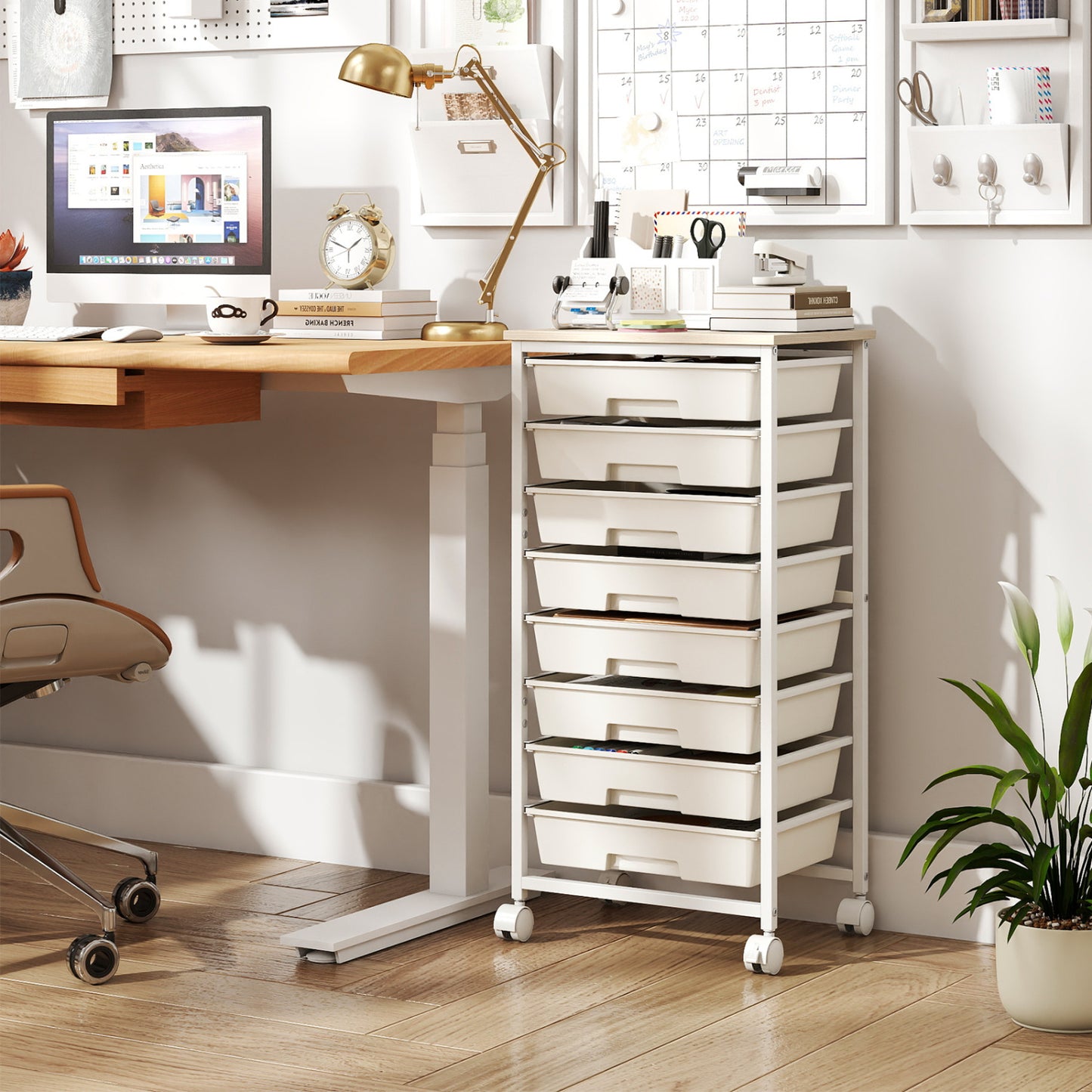 Rolling Cart with 8 Drawers and Wooden Tabletop with Lockable Wheels for Home Office-White + Natural, White