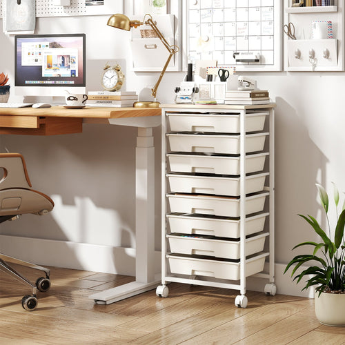 Rolling Cart, 8 Drawers, Wooden Top, Lockable Wheels, White