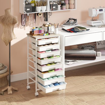 Rolling Cart with 8 Drawers and Wooden Tabletop with Lockable Wheels for Home Office-White + Natural, White