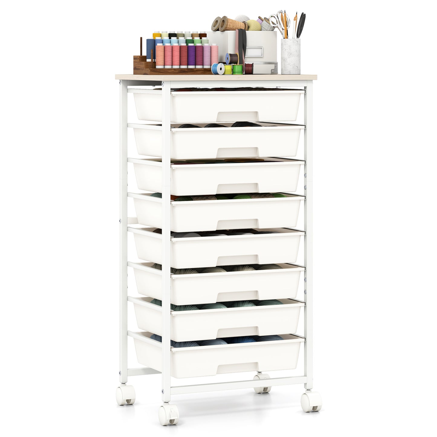 Rolling Cart with 8 Drawers and Wooden Tabletop with Lockable Wheels for Home Office-White + Natural, White